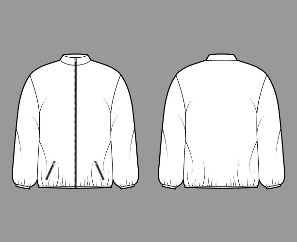 羽绒服外套技术时尚插图与长袖，立领，拉链关闭，四四方方适合，臀部长度图片下载