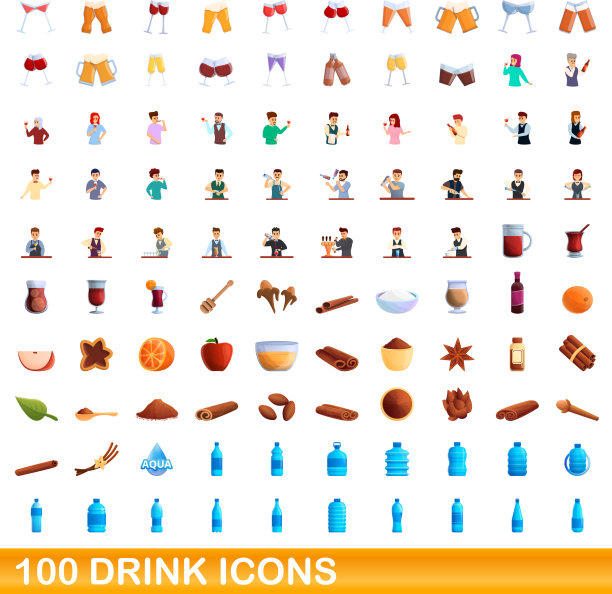 100个饮料图标设定卡通风格图片下载