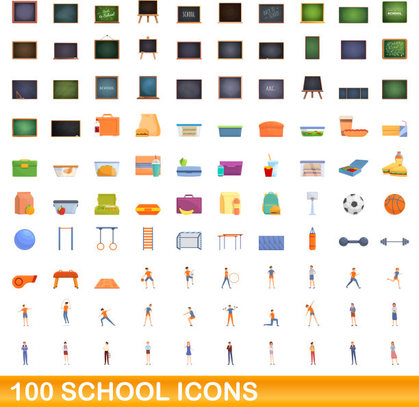 100个学校图标设定卡通风格图片下载
