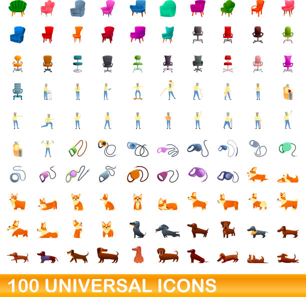 100个通用图标设定卡通风格图片下载