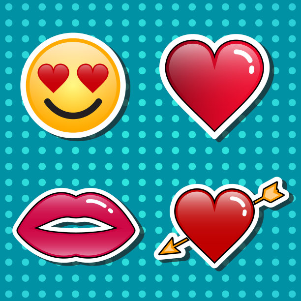 爱情徽章贴纸设置在流行艺术漫画风格图片下载