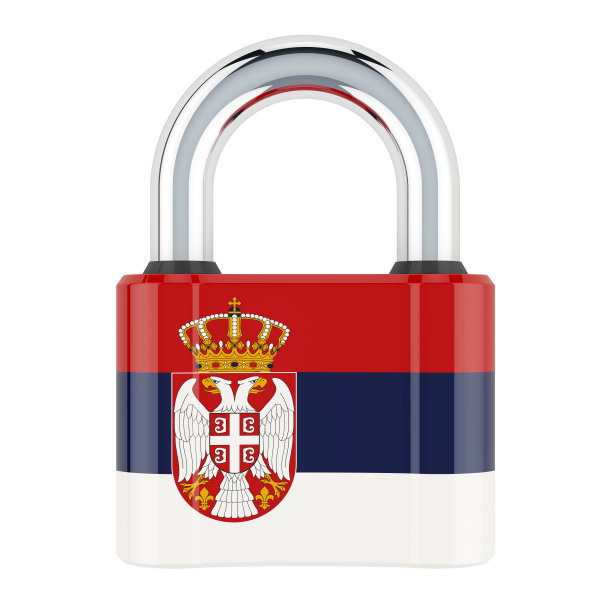 挂锁与塞尔维亚国旗，3D渲染隔离在白色背景图片下载