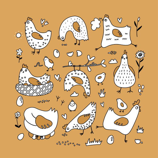 可爱的卡通公鸡，小鸡和母鸡家庭收藏。农场贴纸设置在彩色背景涂鸦草图风格。孩子气的印刷托儿所，儿童服装，海报，明信片。矢量图图片下载