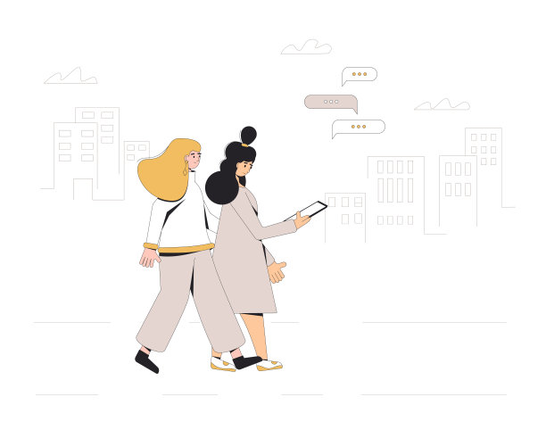 两个少年一起走在街上。年轻的女性朋友穿着便装拿着手机。对。矢量插图。图片下载