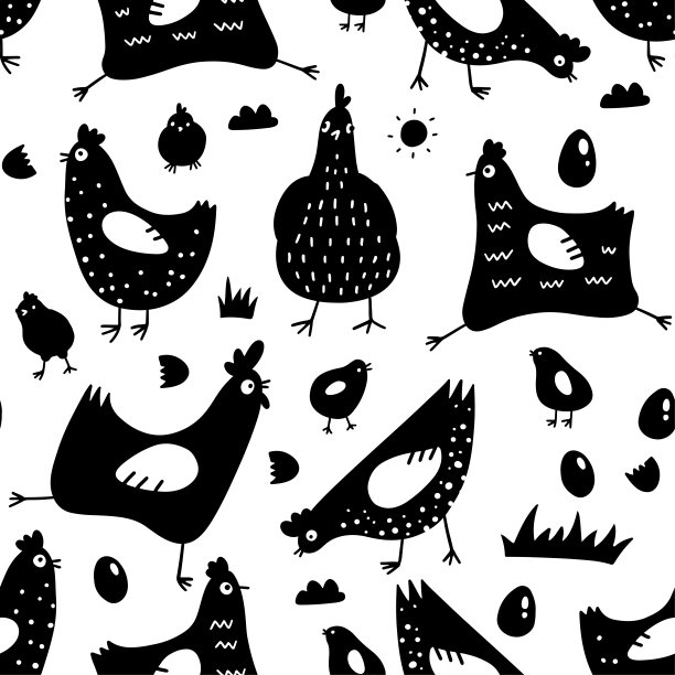 无缝图案与鸡，公鸡，鸡蛋卡通风格，黑色剪影艺术。为产品包装设计封面背景，广告横幅，卡片。简单的斯堪的纳维亚矢量插图。图片下载
