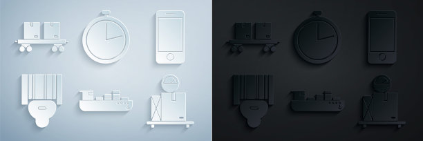 集货轮与箱子递送服务，手机app跟踪，扫描仪扫描条形码，缩放纸板，秒表和铁路车厢图标。向量图片下载