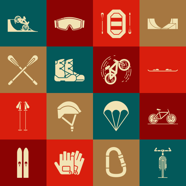 设置自行车，滑雪板，漂流船，靴子，交叉桨，在街道坡道和把戏图标。向量图片下载