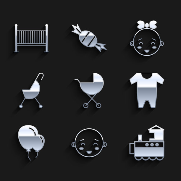 集婴儿推车，快乐小男孩头，玩具火车，衣服，气球带，女孩和摇篮床图标。向量图片下载