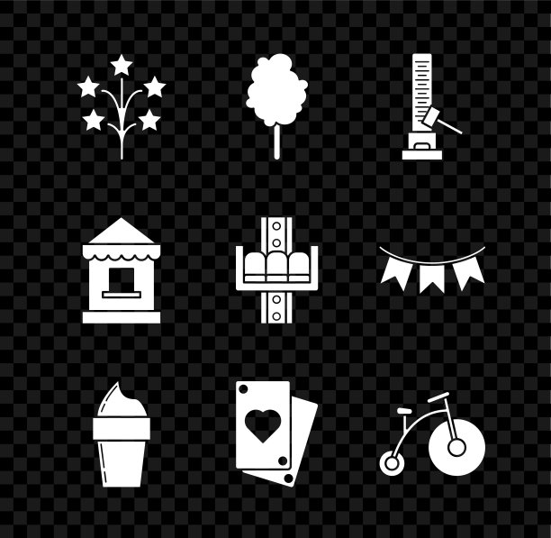 烟花，棉花糖，大锤子高打击吸引力，冰淇淋在华夫饼锥体，扑克牌，古董自行车车轮小，售票处和吸引力旋转木马图标。向量图片下载
