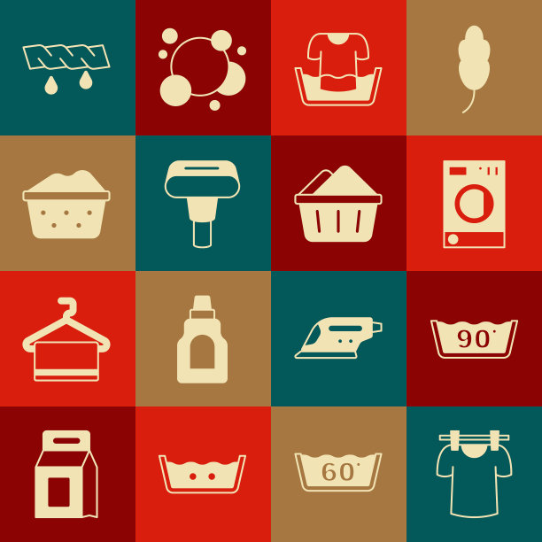 设置烘干衣服，温度洗涤，洗衣机，脸盆与衬衫，服装蒸笼，肥皂泡沫，挤压和图标。向量图片下载