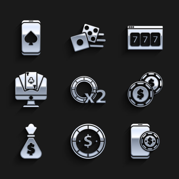 集赌场筹码，与美元，在线扑克桌游戏，钱袋，老虎机幸运七的头奖和图标。向量图片下载