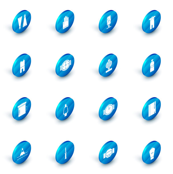 套手套，仪表，潜水服，大手电筒潜水员，风玫瑰，水肺和工业金属管道和阀门图标。向量图片下载