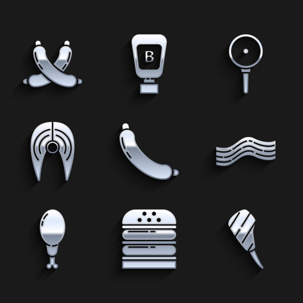 设置香肠，汉堡，肋眼牛排，培根条，鸡腿，鱼，煎锅和交叉香肠图标。向量图片下载