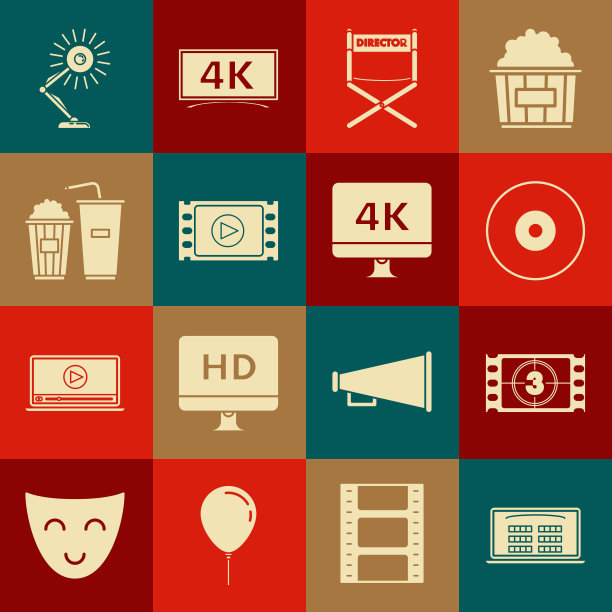 网上购买电影票，播放视频，CD或DVD光盘，导演电影椅，爆米花和汽水饮料杯，台灯和电脑电脑显示器与4k视频技术图标。向量图片下载
