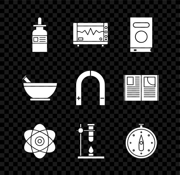 设置玻璃瓶与移液管，电脑监视器心电图，书，原子，试管烧瓶火加热器，指南针，迫击炮和杵和磁铁图标。向量图片下载