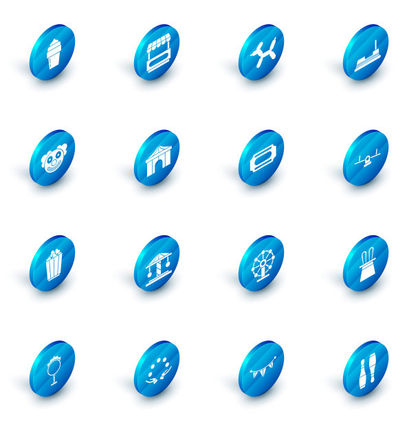 设置快餐街头餐车，气球狗，保险杠，小丑头，爆米花在盒子，马戏团帐篷，跷跷板和票子图标。向量图片下载