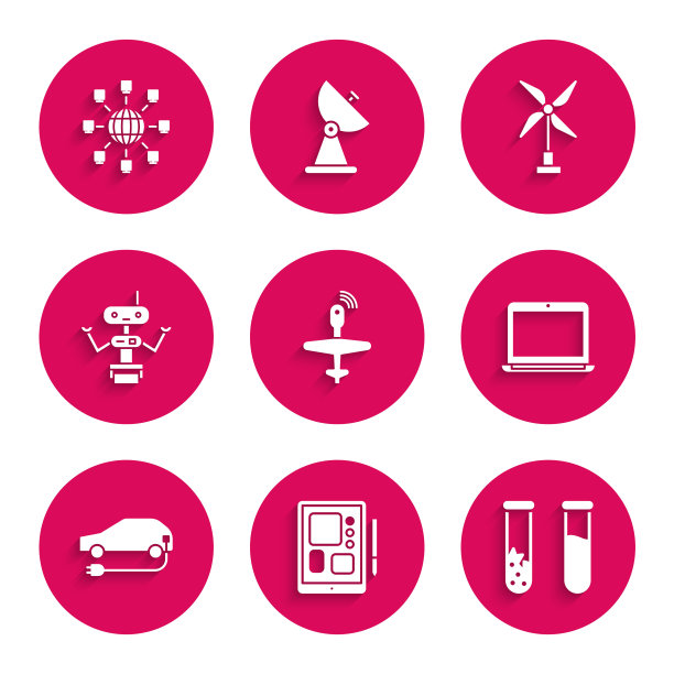 集无人机，平板电脑，试管和烧瓶，笔记本电脑，电动汽车，机器人，风力涡轮机和社交网络图标。向量图片下载