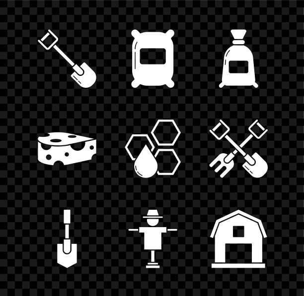 Set Shovel, Bag of flour，稻草人，Farm House概念，奶酪和蜂巢图标。向量图片下载