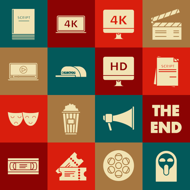 设置有趣和可怕的鬼面具，结束手写题词，场景，电脑电脑显示器与4k视频技术，Cap导演，在线播放，高清图标。向量图片下载