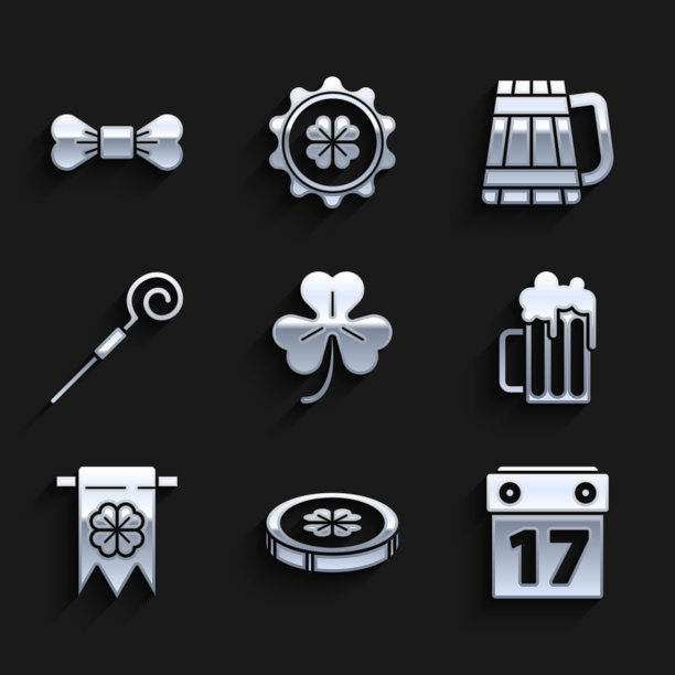 设置四叶三叶草，金币与四，圣帕特里克日日历，木制啤酒杯，和派对旗帜，手杖，和领结图标。向量图片下载