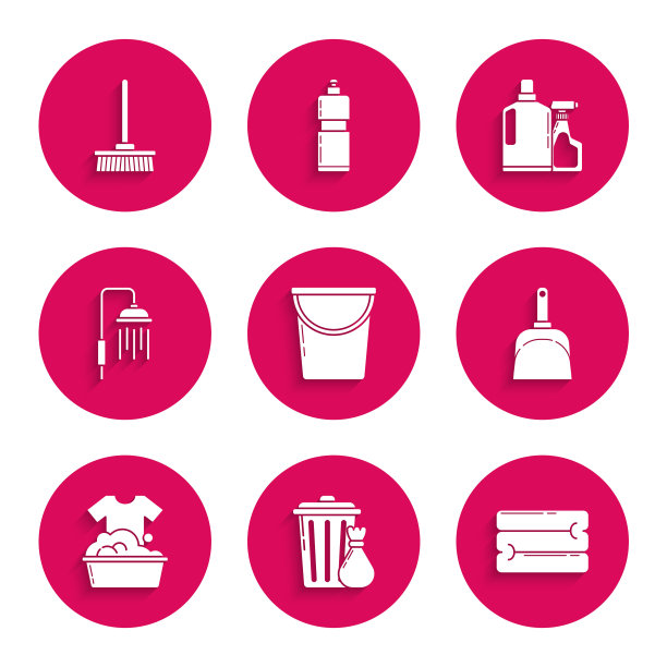 设置水桶，垃圾桶和垃圾袋，毛巾堆栈，簸箕，塑料盆与肥皂泡沫，淋浴喷头水滴，液体洗碗液瓶和拖把图标。向量图片下载