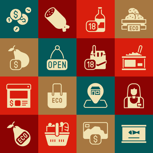 集鱼罐头，卖家，罐头与鱼子酱，酒瓶，挂标志开放，价格标签梨，硬币钱美元和香烟包装盒图标。向量图片下载