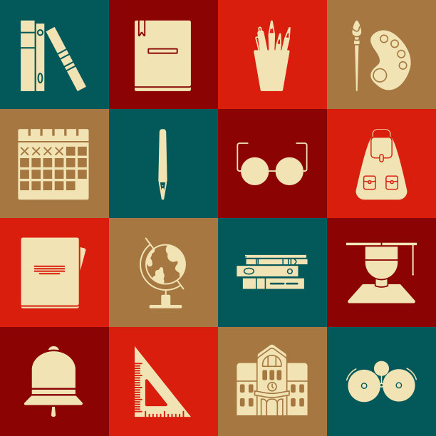 设置铃声，毕业和毕业帽，学校背包，文具盒文具，日历，办公文件夹的文件和眼镜图标。向量图片下载