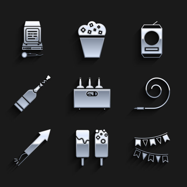 木盒酒瓶，冰淇淋，嘉年华花环与旗帜，生日派对号角，烟花火箭，香槟瓶，啤酒罐和卡拉ok图标。向量图片下载