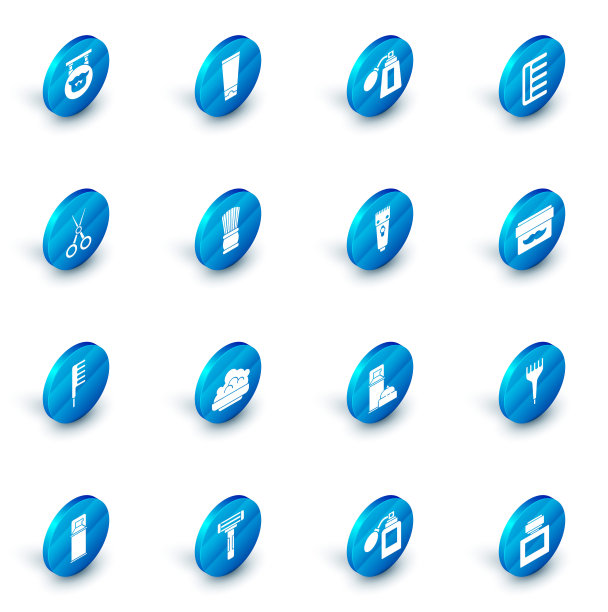 集霜或乳液化妆管，须后水瓶与雾化器，发刷，剪刀，理发师，剃须器，罐子和电动剪刀图标。向量图片下载