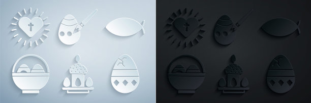 设置复活节蛋糕和蛋，基督教鱼，篮子与复活节，裂痕，油漆刷和十字心图标。向量图片下载