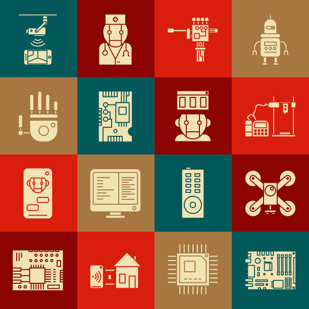 集电子计算机元件、主板数字芯片、3D打印机、机械机器人手和螺丝刀、无线控制闭路电视安防和机器人图标。向量图片下载