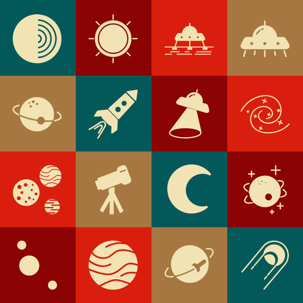 设置卫星，行星，黑洞，火星漫游者，带火的火箭船，地球结构和飞碟飞行宇宙飞船图标。向量图片下载