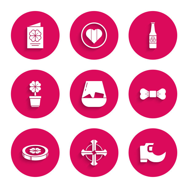 集威士忌杯，凯尔特十字，传统的小精灵靴子，领结，金币与四叶苜蓿，四个壶，啤酒瓶和圣帕特里克日传单，小册子，明信片图标。向量图片下载