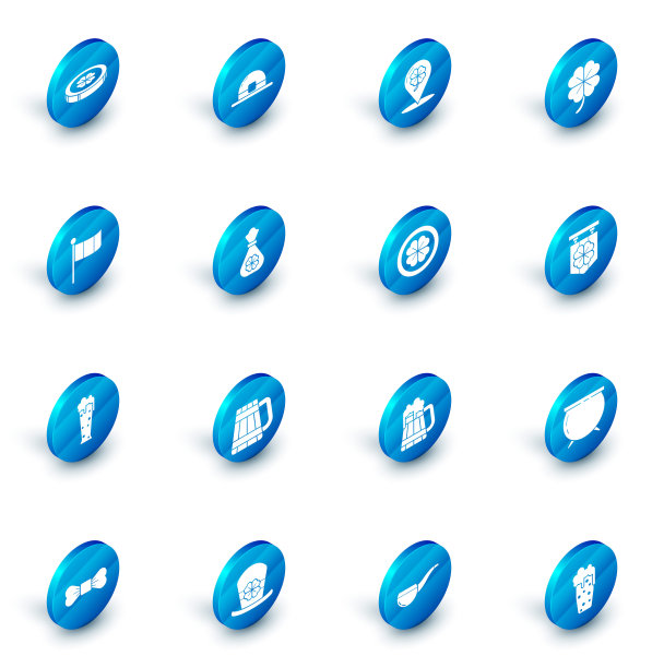 设置小妖精帽子，位置和四叶苜蓿，四，爱尔兰国旗，啤酒，钱袋与，街道招牌和金币图标。向量图片下载