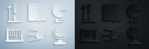 设置卫星，饼图信息图，钟摆，地球地球仪，笔记本和玻璃试管烧瓶上的火加热器图标。向量图片下载