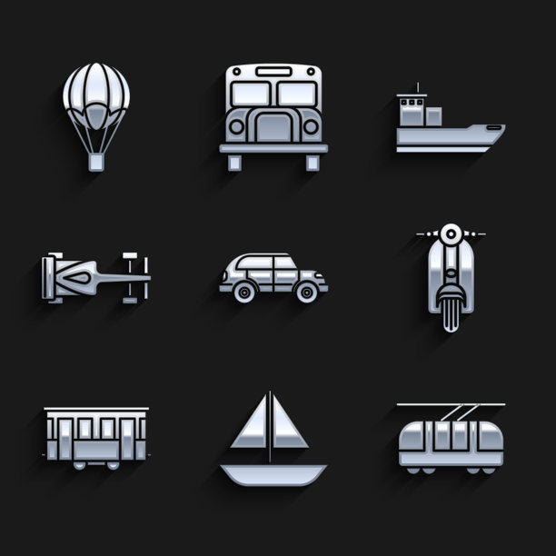 集掀背车，游艇，帆船或帆船，有轨电车和铁路，滑板车，旧城有轨电车，方程式赛车，货物和热气球图标。向量图片下载