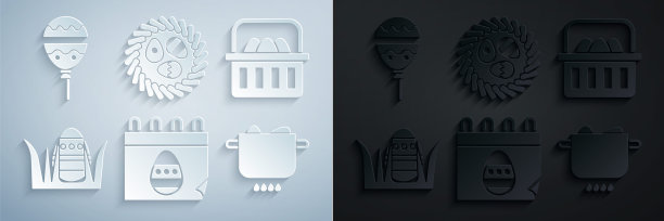 设置日历与复活节蛋，篮子复活节蛋，鸡蛋在火锅，柳条巢和气球丝带图标。向量图片下载