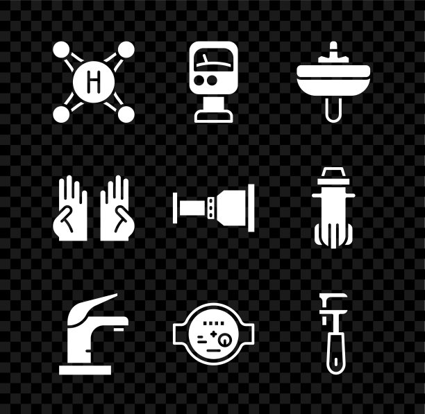 设置水龙头，压力表，洗手盆，管道活动扳手，橡胶手套和适配器图标。向量图片下载