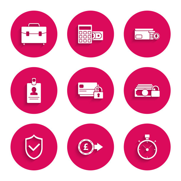 设置信用卡与锁，硬币钱英镑英镑符号，秒表，钱，盾检查标记，识别徽章，信封硬币美元和公文包图标。向量图片下载