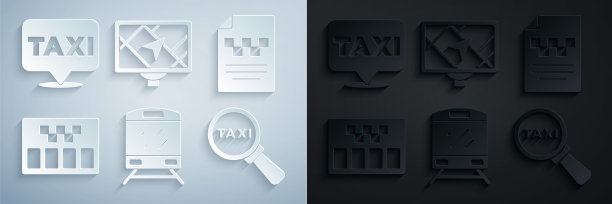 设置火车，出租车司机执照，出租车计价器，放大镜和出租车，Gps设备与地图和位置图标。向量图片下载