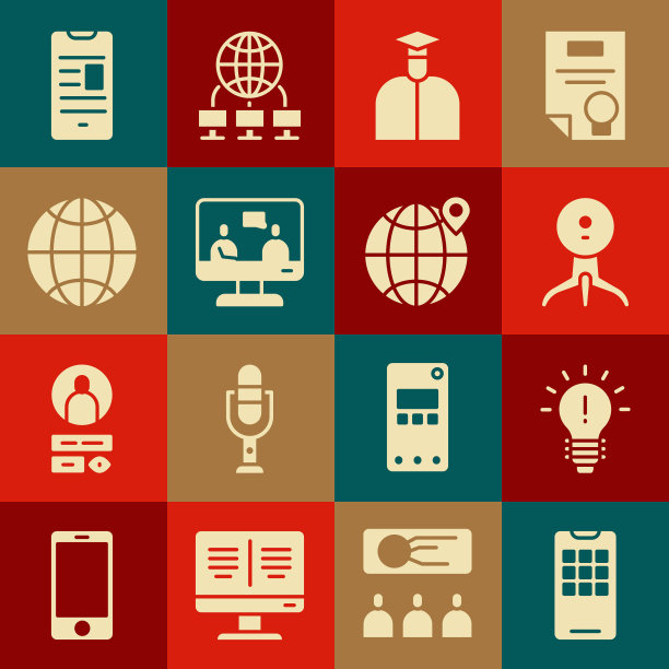 设置手机，灯泡的概念，网络摄像头，学生，在线教育，社交网络，图书移动和定位全球图标。向量图片下载