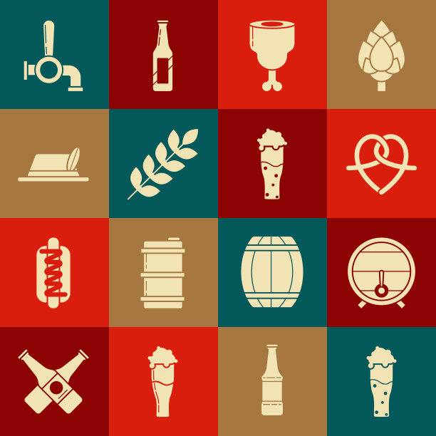 Set Glass of beer，木桶架上与盖子，椒盐卷饼，鸡腿，谷物设置大米，小麦，玉米，燕麦，黑麦，大麦，啤酒节帽子，啤酒龙头和图标。向量图片下载