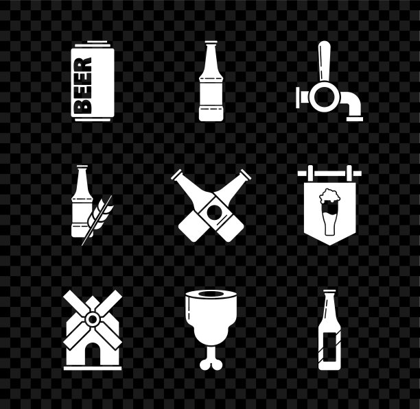 设置啤酒罐，瓶子，水龙头，风车，鸡腿，和交叉啤酒图标。向量图片下载