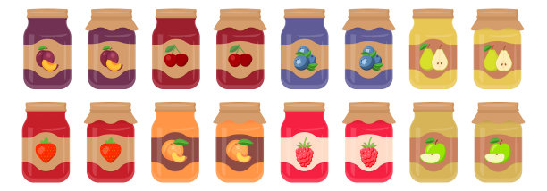 装有果酱的玻璃瓶。有标签的罐子，果酱。矢量插图。图片下载