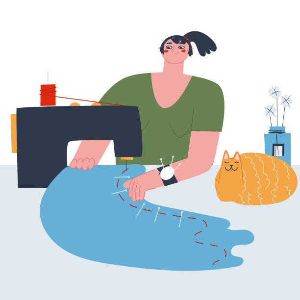 女裁缝在缝纫机上工作。时装设计师在工作室里缝制面料。平面向量插图。图片下载