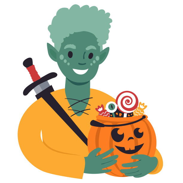 小男孩拿着万圣节南瓜打扮成外星人。平风格说明图片下载