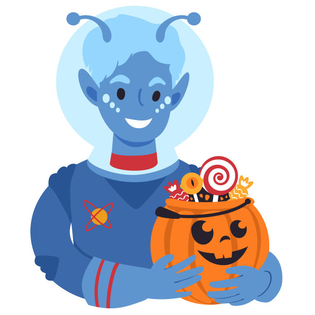 小男孩拿着万圣节南瓜打扮成外星人。平风格说明图片下载