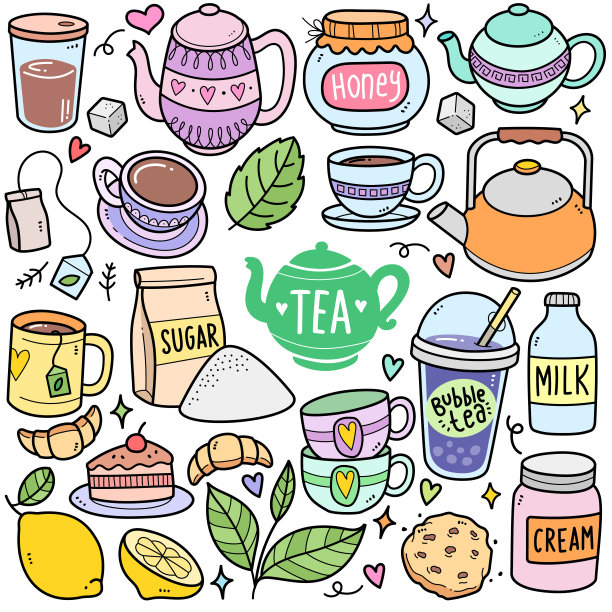 茶时间彩色涂鸦插图图片下载