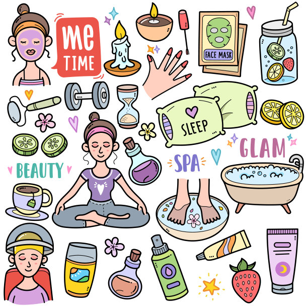 我的时间:健康和身体护理颜色涂鸦插图图片下载