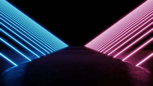 未来的荧光灯管霓虹浅蓝色和紫色的黑色孤立的背景。三维插图绘制。科幻飞船霓虹灯荧光灯管现代未来复古发光紫色紫外光蓝色反光金属格栅走廊图片下载